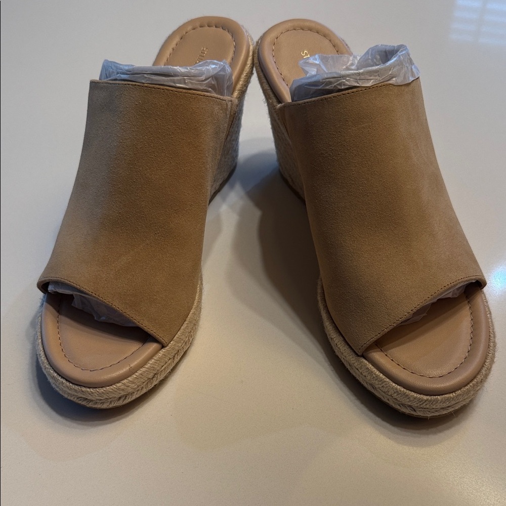 BNIB STUART WEITZMAN Women's Tan Suede Espadrille Wedge Mule